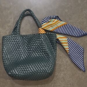 WOVEN VEGAN LEATHER FOREST GREEN TOTE BAG PURSE